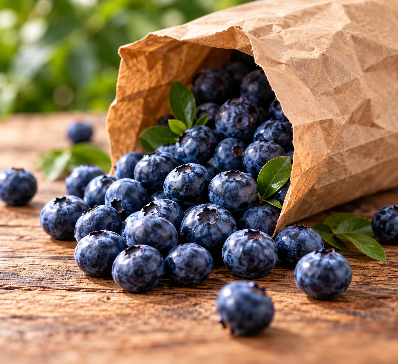 Blueberries spilling out of a brown paper bag